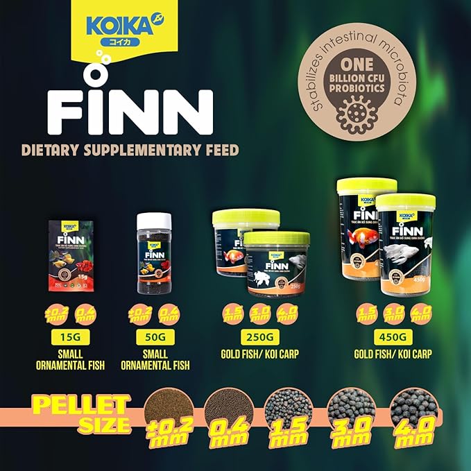 KOIKA FINN Probiotic Fish Food Pellets for Ornamental Fish, 43% Protein with Bacillus Probiotics, Supports Digestion and Immune Health for Daily Feeding (250g, Koi Carp - 4.0mm Pellets)