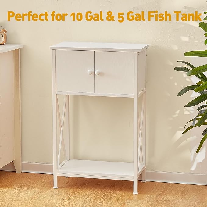 LAQUAL 10 Gallon Fish Tank Stand with Cabinet, Double Aquarium Stand for 10 & 5 Gallon Fish Tank, Heavy Metal Stand with Stable Structure, Adjustable Table Feet & Anti-tilt Device - White