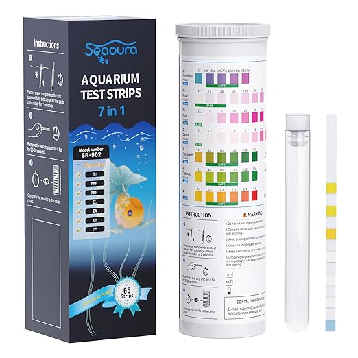 SEAOURA 7-in-1 Aquarium Water Test Strips (65 Strips), Accurate pH, Nitrate, Nitrite, Chlorine, Hardness，Alkalinity，Carbonate Testing for Freshwater & Saltwater Fish Tank, Pond, Betta, Turtle Tank