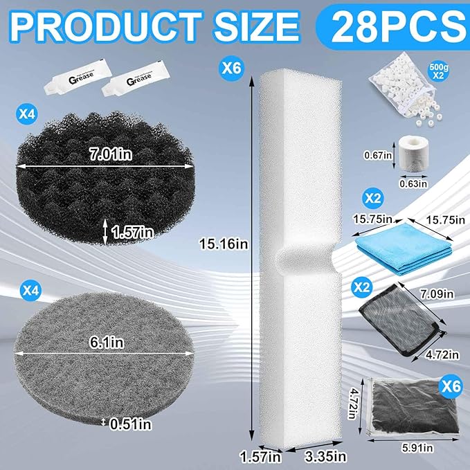 Threlaco 28 Pcs Aquarium Media Kit Compatible with Fluval Fx4/ Fx5/ Fx6 Filter, Carbon Foam Pad, Nitrite Remover Pads, Activated Carbon, Foam Block, Silicone Lube, Towels, Ceramic Ring, Mesh Bag