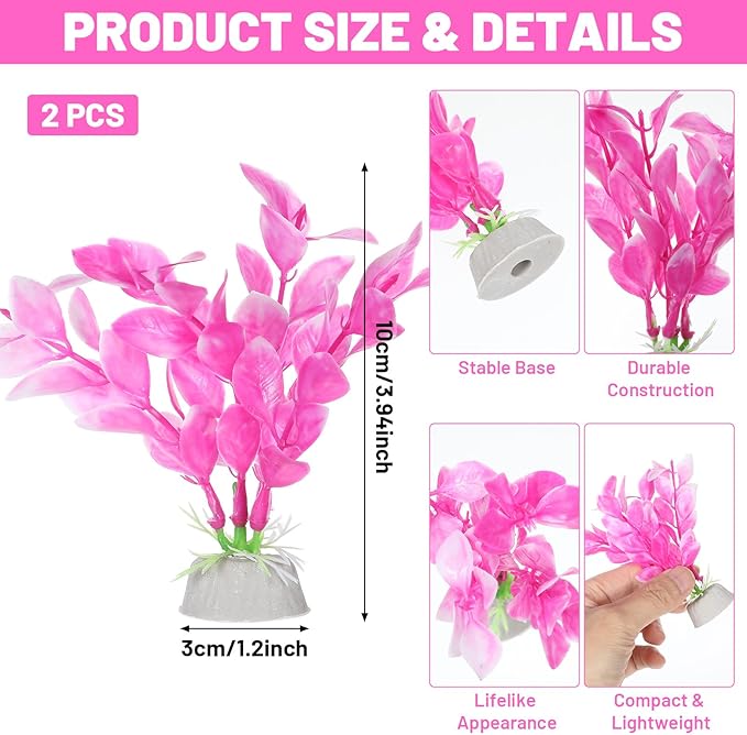 Abeillo Silk Aquarium Plants for Betta Fish Tank, 2Pcs 10cm Small Aquarium Plants Decorations Plastic Artificial Plant Aquatic Water Grass Decoration