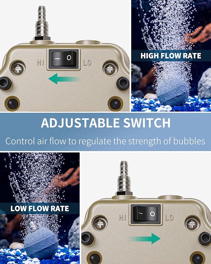 Pawfly Aquarium Air Pump Adjustable Quiet Fish Tank Air Pump with Air Stones 4 Outlets Manifold and Airline Tubing Accessories for Up to 300 Gallon Tank Aquarium Pond
