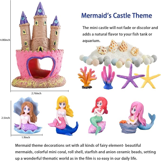 Kooterfun Mermaid's Castle Fish Tank Decorations-28pack Include Castle Hideout, Faux Coral,Starfish and Artificial Plastic Plants Aquarium Décor Accessories for All Fish-Pink