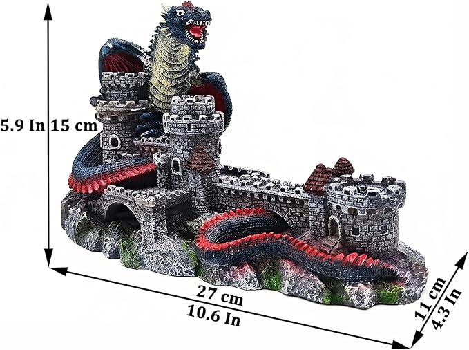 Dragon Castle Aquarium Ornament, Resin Large Fish Tank Decoration with Hiding Caves for Betta, Tropical Fish & Reptiles, Medieval Fantasy Underwater Landscape Decor-10.6 inches in Length