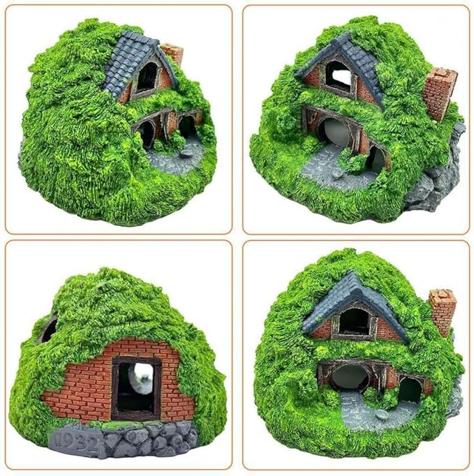 Fish Tank Decorations kit, Aquarium Decor Hobbit House x 1pc, Fish Tank Accessories Aquatic Plants x 2pcs, Starfish x 2pcs.