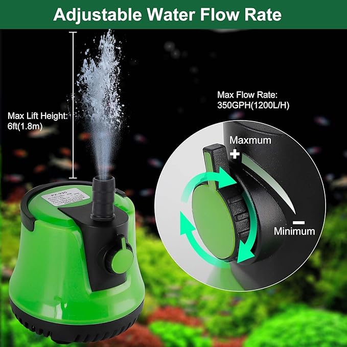 25W Water Pump 350GPH Submersible Pump, 1200L/H, Max Lift up to 6ft, Fountain Pump with Adjustable Switch 2 Nozzles 6ft Power Cord for Fountain, Fish Tank, Pond, Statuary, Aquarium (Green)