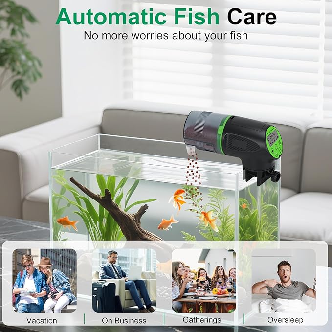 Lychee Automatic Fish Feeder for Aquarium-200ml Timed Dry Fish Food Vacation Feeder with Two Feeding Rings-Moisture-Proof LCD Display for Tank Pond