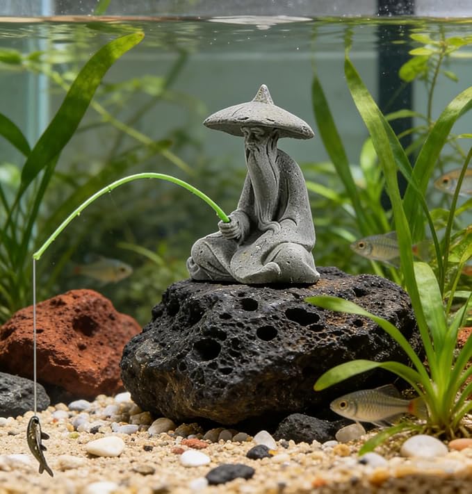 livelyfish Mini Fisherman Statue Asian Zen Decoration Sitting Fishing Figurines Sandstone Vintage Ornament for Aquarium Fish Tank Pot Garden Home Japanese Decor (D2)