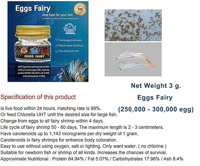 A.D.P. UTH Fish Food Fresh Eggs Fairy Shrimp (250000+Egg) 3 g. Best Tropical Fish Food Grow Faster & Color Enhancer Slow Sinking Like Pellets High Protein 64% for All Small Baby Fry Newborn Fish Feed