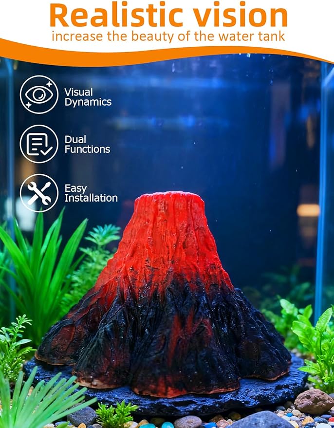 Aquarium Volcano Ornament Kit,Bubbler Decoration for Fish Tank Resin Volcanic Decoration with Air Stone Bubbler Colorful LED Light