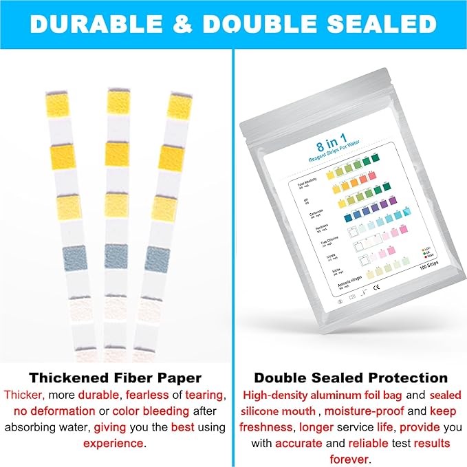 DaToo 8 in 1 Aquarium Test Kit Fish Tank Test Strips Accurate Water Quality Testing Strips for Ammonia PH Total Alkalinity Carbonate Hardness Free Chlorine Nitrate Nitrite Temperature (100 Strips)