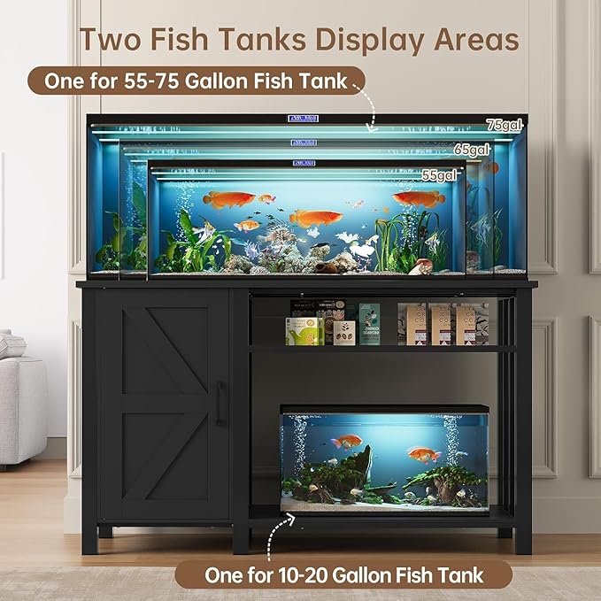 55-75 Gallon Aquarium Stand with Power Outlet, Heavy Duty Fish Tank Stand with Cabinet Storage & Adjustable Shelf, for Fish Tank, Turtle Tank, Reptile Terrarium, 1000LBS Capacity, Black