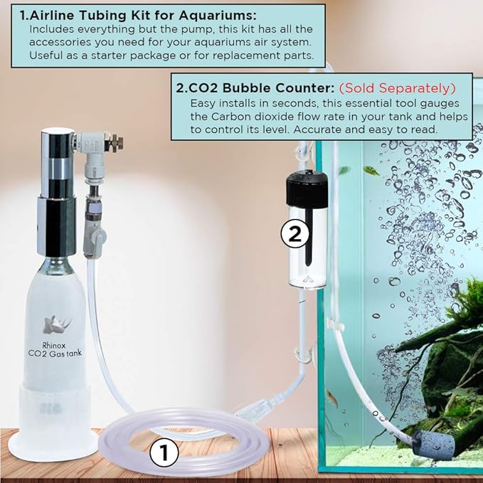 Rhinox Aquarium Airline Tubing Set, Self-Assembly CO2 Diffuser Kit, 6-Feet Airline Tubing, 2 Air Stones and Check Valves, 4 Connectors, 6 Suction Cups
