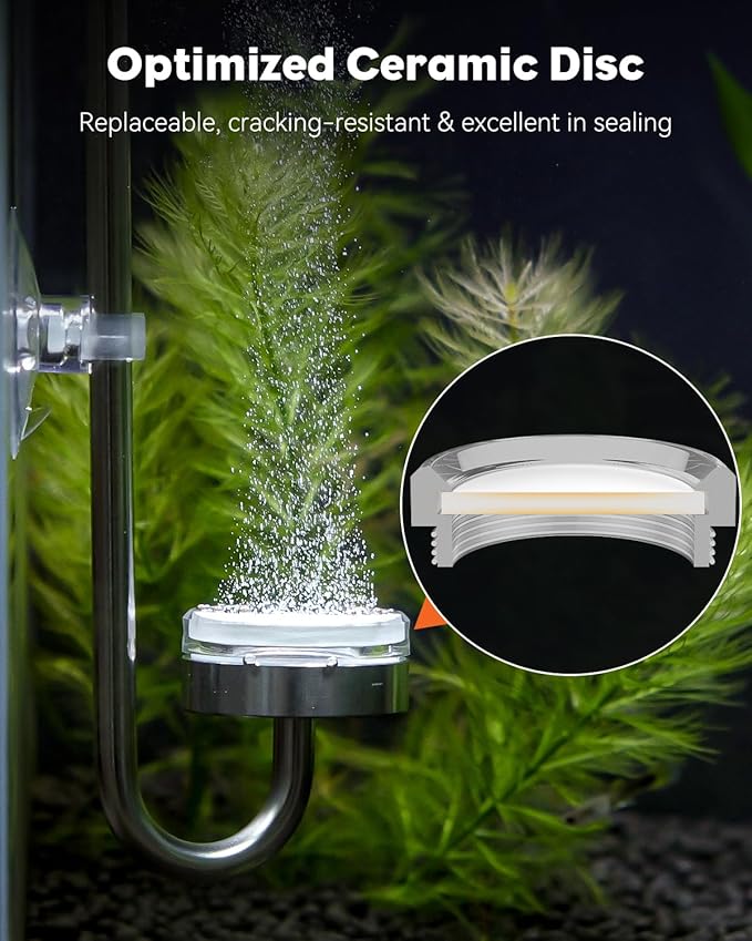 Pawfly Aquarium CO2 Diffuser, Aquarium Stainless Steel CO2 Diffuser with Built-in Check Valve and Suction Cups for Aquarium Plants, Fish Tank Atomizer with Improved Ceramic Disc