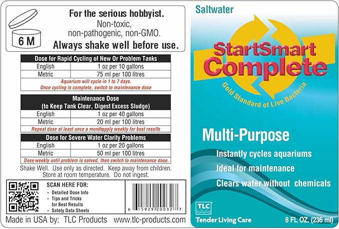 TLC Products StartSmart Complete Saltwater Aquarium Cycle Starter & Beneficial Nitrifiers, Supports Clear Water & Biofiltration, Reduces Excess Sludge, 8 oz. (236 ml)