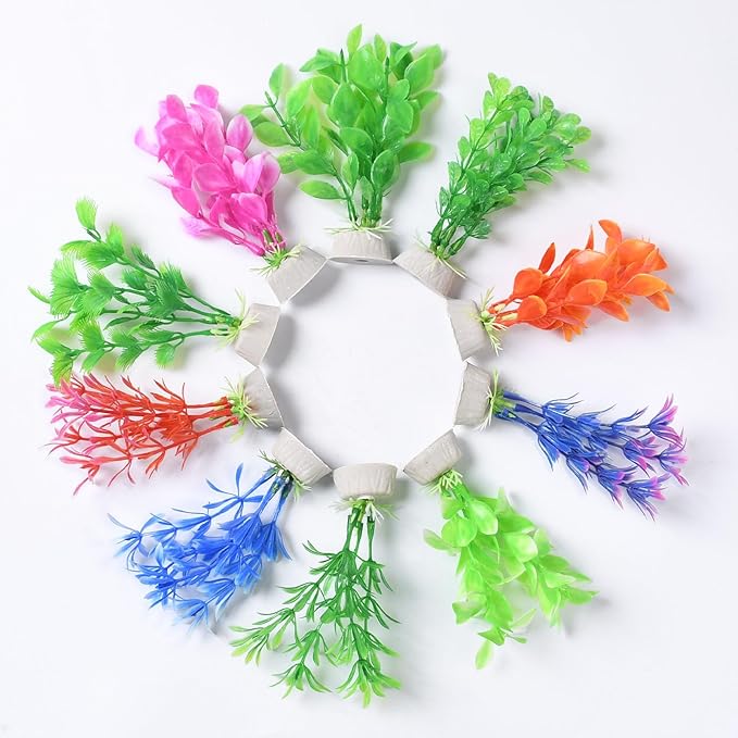 Gegong 10 Pieces Artificial Aquatic Plants, Artificial Fish Tank Plants, 10cm Plastic Aquatic Plant, Multiple Colors Different Appearance Shapes Cleanable Aquarium Decoration