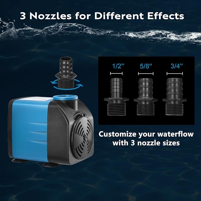 TONGCHANT Submersible Pump, 480GPH & 8.2ft Lift | 35W Adjustable Flow Fountain Pump for Small Pond Fish Tank & Aquarium, 3 Nozzles(1/2", 5/8" & 3/4"), Fish Safe & Ultra Quiet Operation, ETL Listed