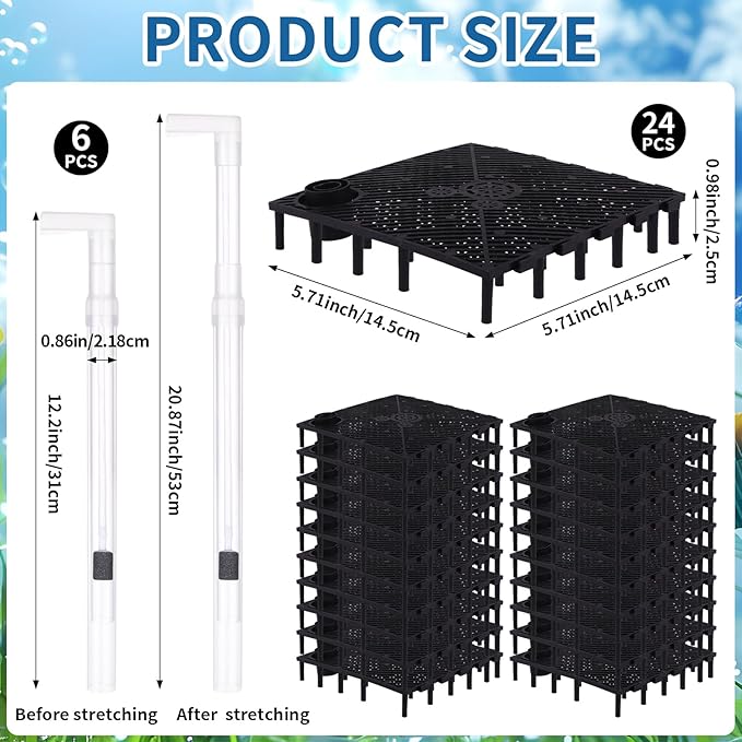 24pcs Undergravel Filter Aquarium Divider Tank (5.7'' x 5.7'') Under Gravel System for Clean Water with 6 Uplift Tube for Fish Tank Separation Bottom Filtration & DIY Aquascaping