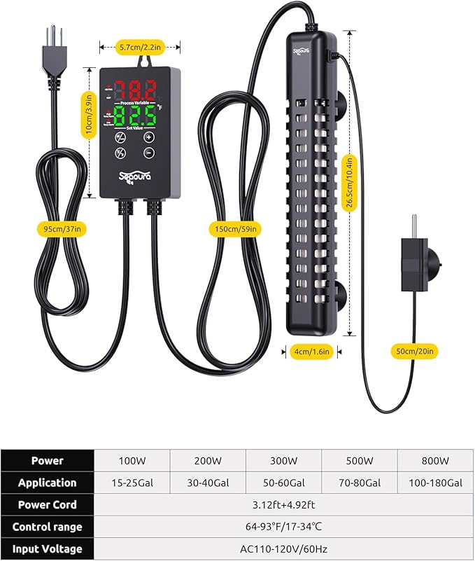 SEAOURA Aquarium Heater, 200W Fish Tank Heaters for 30-40 Gallon, Submersible Turtle Heater with LED Controller, Safety Protection & Auto Power-Off, Saltwater Freshwater