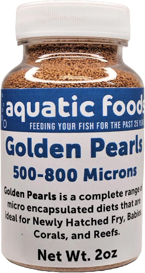 Golden Pearls 500-800 Micron Size for New Fry and Juveniles of Shrimp, Axolotls, Discus, Cichlids, Catfish, Tetras, Angel Fish, Guppies, Bettas, Goldfish, Corals, Reefs…2oz Bottle