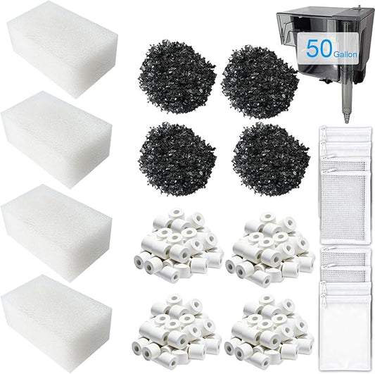 4 Set Three-Stage Filtration Maintenance Kit, Replacement for AquaClear 50/200 Power Filter, Complete Media Bundle for 20-50 Gallon Aquariums - Includes Carbon, Ceramic Rings, Foam & Bags