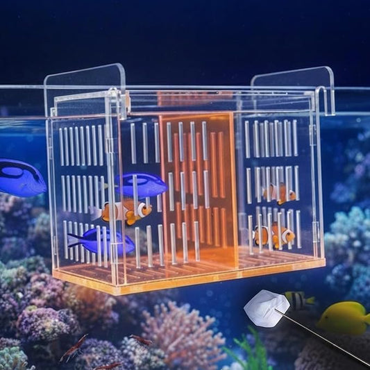 Fish Breeder Box for Aquarium, Acrylic Hatchery Incubator with Long Handle Net - Breeding & Isolation Box for Baby Fish, Shrimp, Betta Guppy, Tank Divider (Orange, 9x5.3x6.7 in)