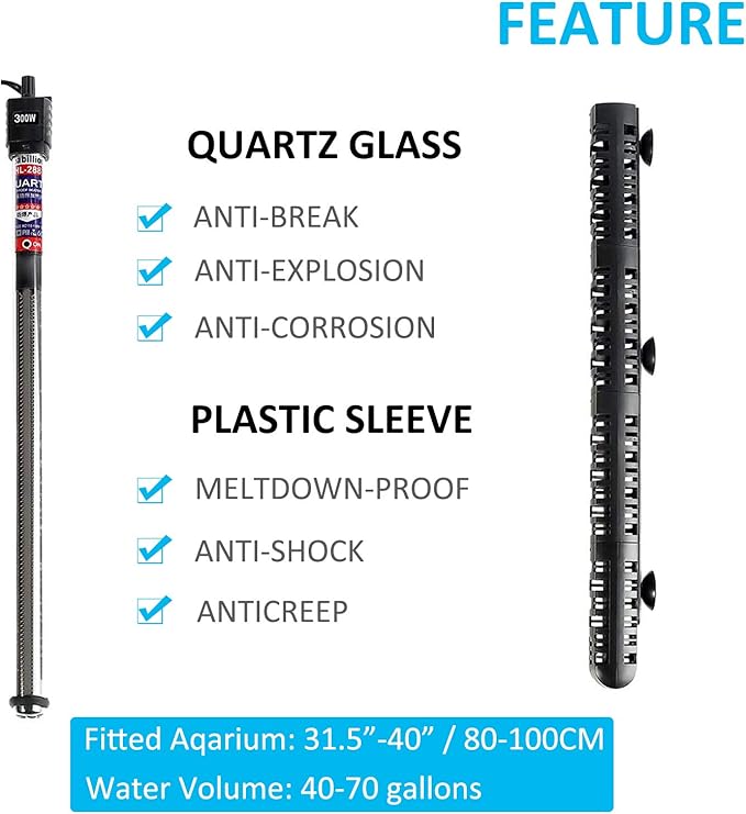 Aquarium Heater 100W/300W/500W Fish Tank Heater Submersible Auto Thermostat Turtle Tank Heater 10-90 Gallon with Protective Sleeve and 3 Suckers