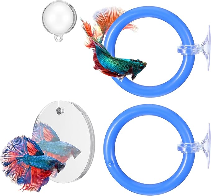 2 PCs Fish Feeding Ring with 1 Floating Mirror, Betta Ring Enrichment Toys, Exercise Training Rings and Betta Mirror for Tank Beta Fish Toys Beta Floating Aquarium Decor