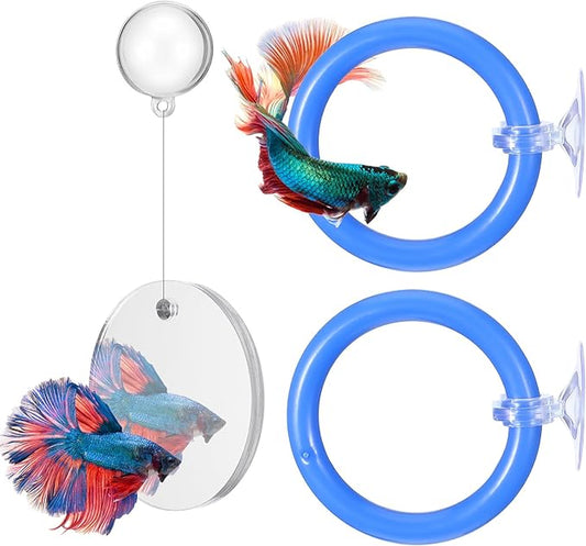 2 PCs Fish Feeding Ring with 1 Floating Mirror, Betta Ring Enrichment Toys, Exercise Training Rings and Betta Mirror for Tank Beta Fish Toys Beta Floating Aquarium Decor