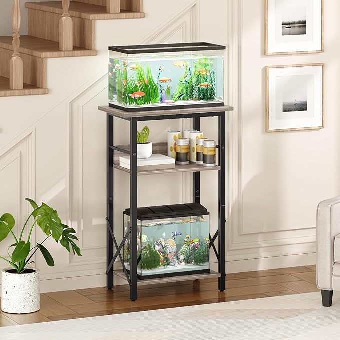 HOOBRO 10 Gallon Aquarium Stand, 3-Tier Fish Tank Stand with Storage, Reptile Turtle Tank Stand with Metal Frame, 20.5" L x 11" W , Greige BG52FT01