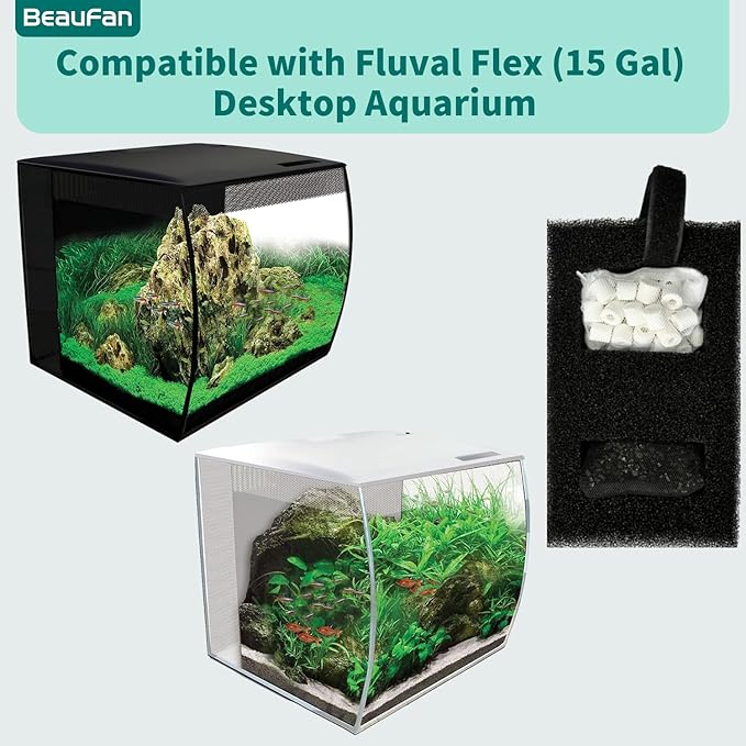 2 Set Aquarium Filter Media Kits Compatible with Fluval Flex (15 Gal) Desktop Aquarium, Includes 2 Carbon Filter Refills, 2 Foam Filters A1375, 2 Ceramic Rings & 1 Filter Cord