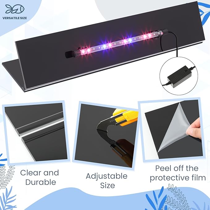 Juexica Aquarium Lids Acrylic Canopy with LED Light 29 x 11.38 x 0.28 Inch for 20/29/37 Gallon Without Center Brace Aquariums Cover Fish Tank Lid with a Hook Knife, Black