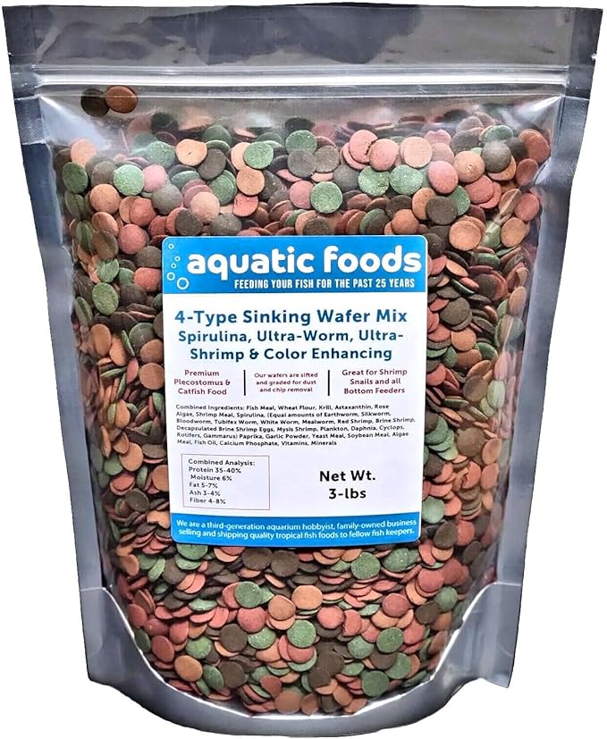 4-Type Mix of 12mm-1/2" Sinking Wafers: Spirulina-Algae & Color Enhancing for Shrimp, Snails, All Tropical Fish - 3-lb Bag