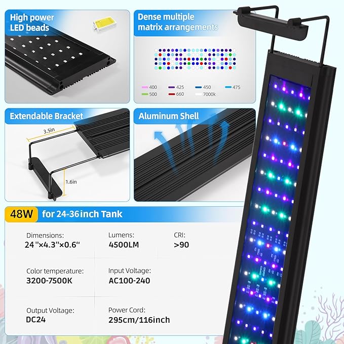 48W LED Saltwater Aquarium Light, Marine Led Reef Light for Corals with White, Blue, Cyan, UV Violet LEDs Dimmer Timer for SPS/LPS/Mixed/FOT Corals and 24-35 Inch Saltwater Fish Tanks