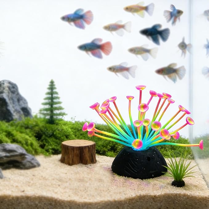 Suction Cup Anemone Aquarium Decor with Silicone Tentacles, Realistic Coral Reef Ornament for Saltwater and Freshwater Fish Tanks, Flexible Habitat for Shrimp, Invertebrates & Aquascaping (Red)