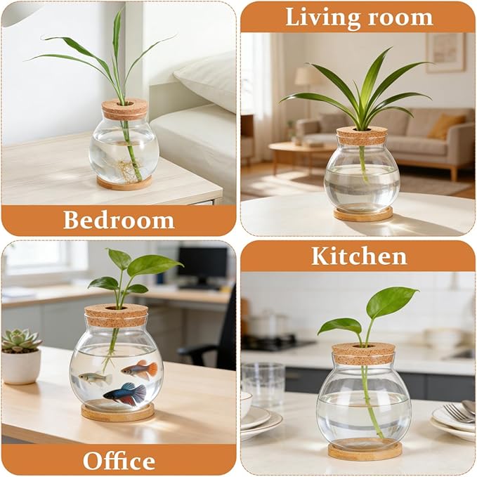 POPETPOP Desktop Glass Fish Bowl - Round Small Fish Tank with Wood Stopper & Bamboo Mat, Clear Glass Betta Fish Bowl for Succulent Plants, Hydroponic Air Plant (5.1X5.5 in)