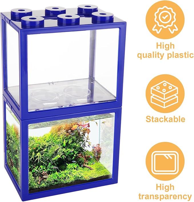 4PCS Plastic Small Betta Fish Tank, 0.6 Gallon Stackable Fish Bowl, Cube Fish Aquarium Tank for Shrimp, Turtle, Small Crab (Blue)