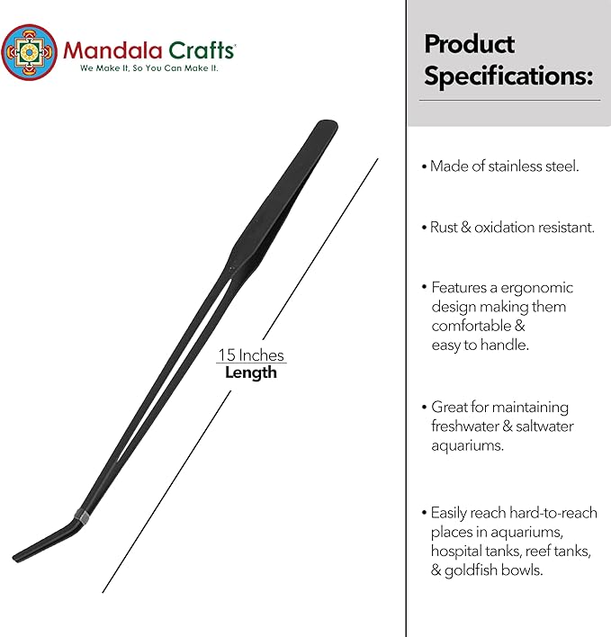 Mandala Crafts 15 Inches Black Stainless Steel Curved Aquarium Tweezers for Aquatic Plants – Long Aquascape Forceps for Fish Tanks, Hospital Tanks, Goldfish Bowls, and Terrariums