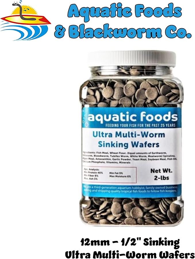 Ultra Multi-Worm 12mm - 1/2" Small Sinking Wafers for Bottom Fish, Shrimp, Snails, Crabs, Crayfish, All Tropical Fish...2-lb Med Jar