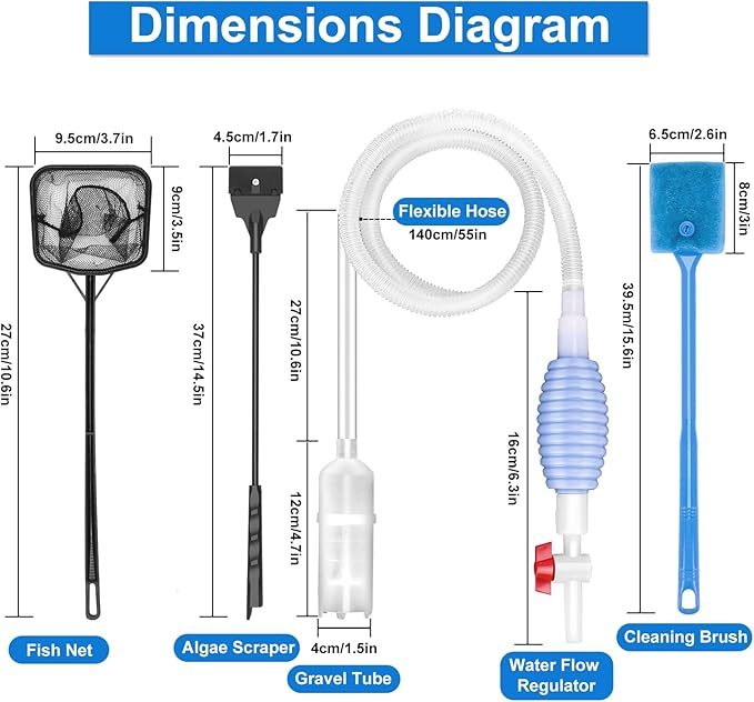 Fish Tank Cleaning Kit Set of 4 Pieces, Aquarium Siphon Algae Scraper Aquarium Net Algae Remover for Fish Tank, Aquarium Cleaner Vacuum Suitable for Changing Water and Cleaning Fish Tanks