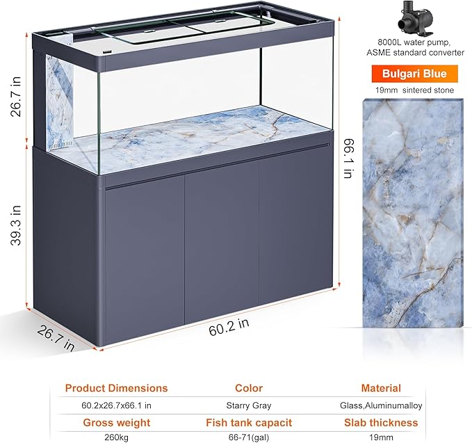 All in One Aquarium, Ultra Clear Fish Tank and Sump Filtration System, Complete Saltwater Aquarium Set with Triple Door Cabinet Stand (righ)