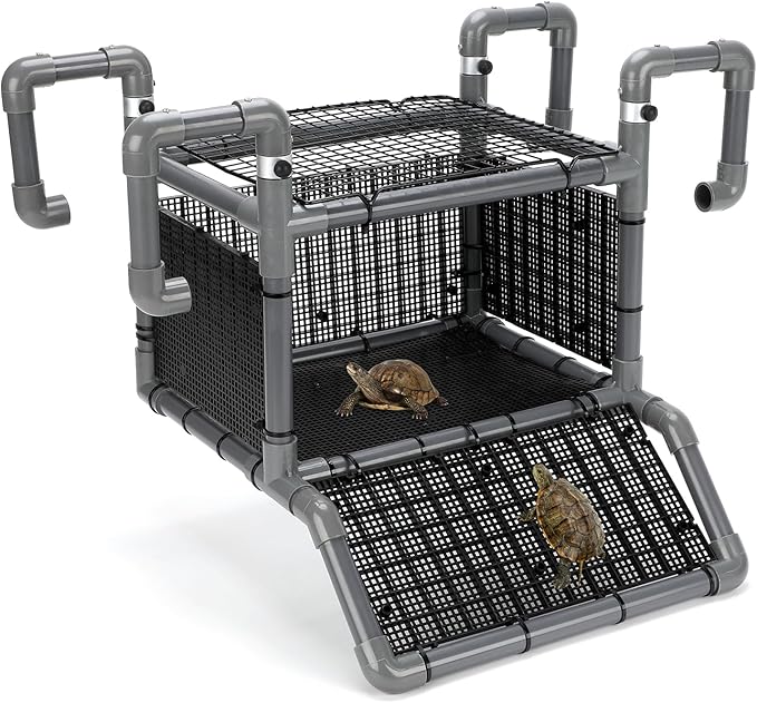 SKARUS Turtle Basking Platform with Anti-Escape Metal Top Mesh – Adjustable Height (9.8"-16.3") Suspended Aquarium Turtle Dock with Climbing Ramp, Large Resting Area for 65-150 Gallon Tanks