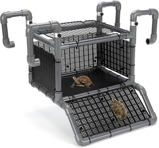 SKARUS Turtle Basking Platform with Anti-Escape Metal Top Mesh – Adjustable Height (9.8"-16.3") Suspended Aquarium Turtle Dock with Climbing Ramp, Large Resting Area for 65-150 Gallon Tanks