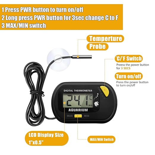 Digital Aquarium Thermometer for Fish Tank & Reptile Terrarium Large LCD Display with MAX/MIN Memory, Waterproof Submersible Water Temperature Gauge for Freshwater & Saltwater Tanks (Orange)