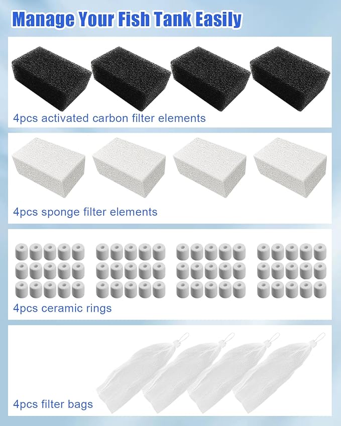 OCHIKI 4 Sets Aquarium Tank Filter Maintenance Kit Fit for AquaClear 70, Three-Stage Filtration Tank Carbon Filter & Foam Filter & Ceramic Rings & Bags for 40 to 70 Gallon Aquariums