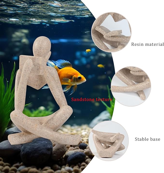 Fish Aquarium Decor Ornaments Sandstone Minimalist Resin Thinker Statue Fish Tank Decorations Small Accessories Abstract Home Decor Fish Toy for Betta Cichlid Goldfish Shrimps Hermit Crabs Turtle