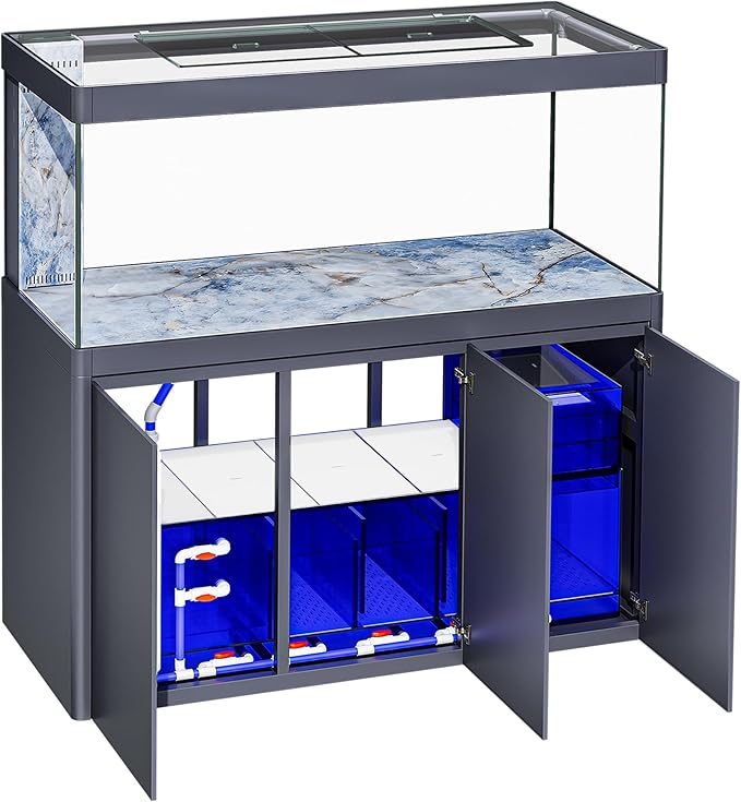 All in One Aquarium, Ultra Clear Fish Tank and Sump Filtration System, Complete Saltwater Aquarium Set with Triple Door Cabinet Stand (righ)