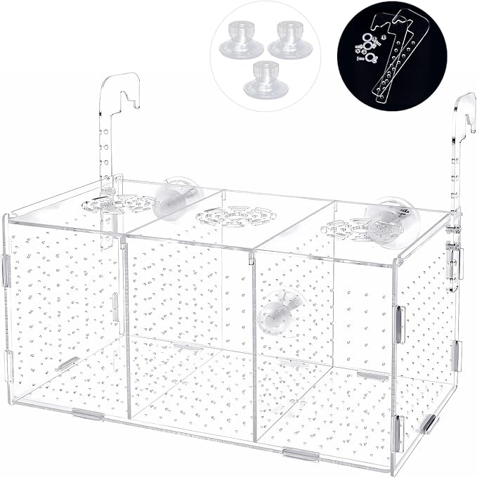 Fish Breeding Box, Acrylic Isolation Box Aquarium Hatchery Incubator with Suction Cups for Newborn Fry, Shrimp, Guppy, Clownfish, Aggressive Fish, 11.5" x 6" x 6"