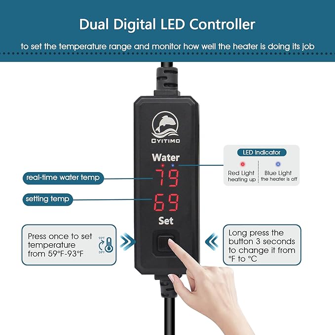 Small Aquarium Heater 100W Submersible Fish Tank Heater for 10-25 Gallons, Dual LED Display Temperature Controller, Suitable for Saltwater and Freshwater, Mini Water Heater for Betta/Turtle Tank