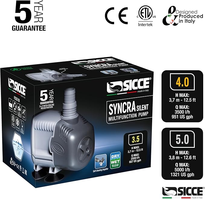 SICCE Syncra Silent 3.5 Multifunction 687 GPH Submersible Water Pump | Italian Made 68W Ultra Quiet Durable Aquarium Fish Tank, Fountain, Pond, Hydroponics, Terrarium Black | Freshwater & Saltwater